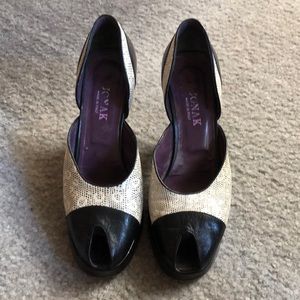 Jonak Black and white peep toe 3 inch heels size 38/7.5.